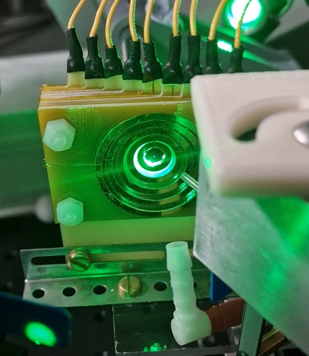 Laboratory apparatus illuminated by green light